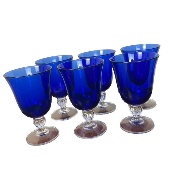 Cobalt Blue Glasses Set 6 Wine Water Goblets Flared Clear Stem Heavy Regency 6x4 - Picture 1 of 5